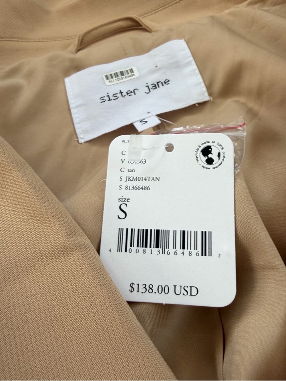Sister Jane NWT Beige Harlow Double-Breasted Blazer w/ Brass Pearl Buttons $138 - Picture 11 of 11